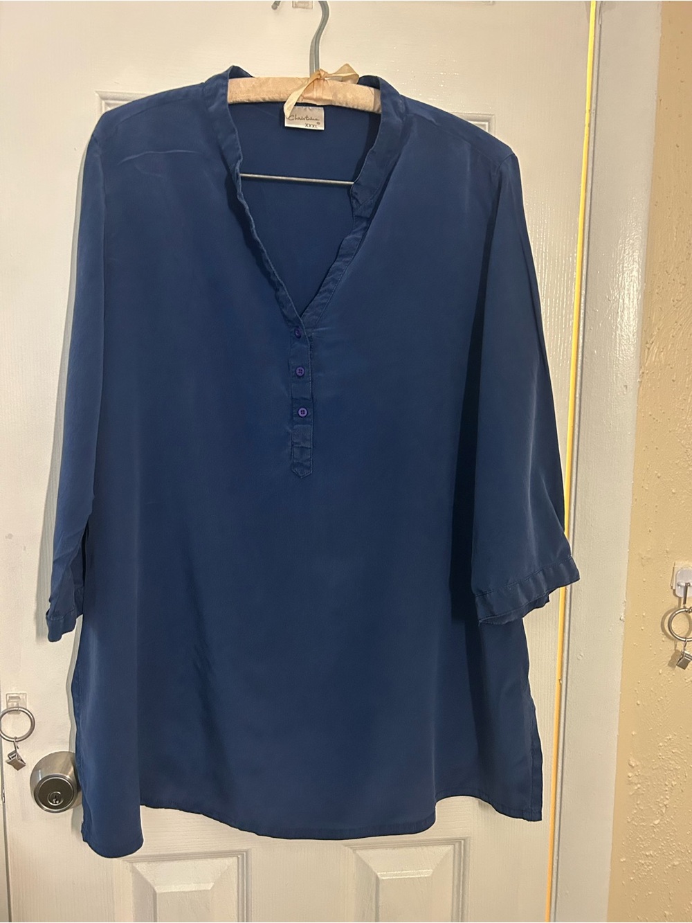Christina 100% Silk Tunic Blouse XXXL Royal Blue Mandarin Collar 3/4 Sleeve Top